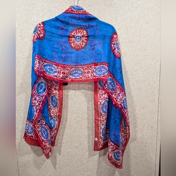 Vibrant Blue and Red 100% Silk Scarf. 68x22 Inches. Lightweight. Flowy. GUC. - Picture 2 of 7